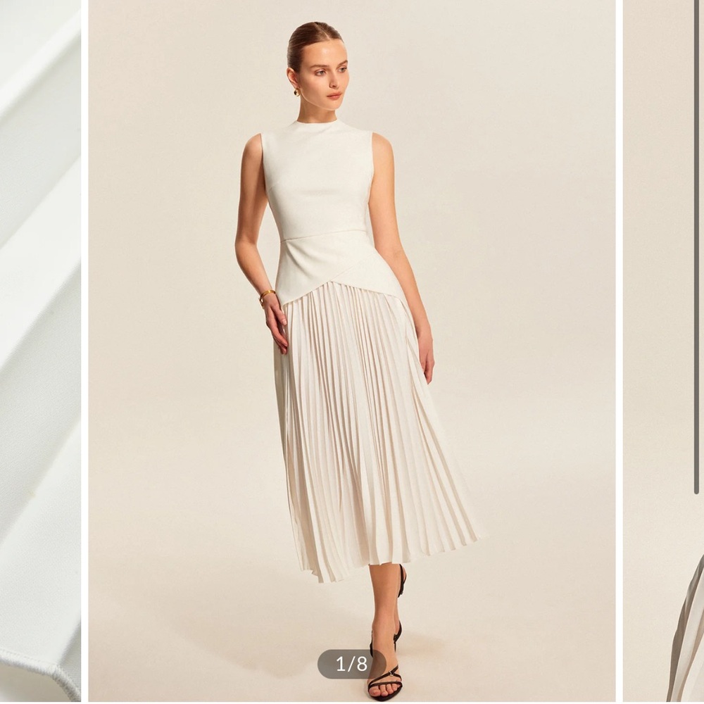 Commense White Pleated Midi Dress